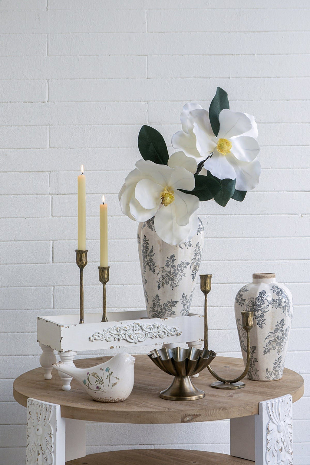 6.7x6.7x11.6' White Ceramic Accent Vase with Gray Floral Design