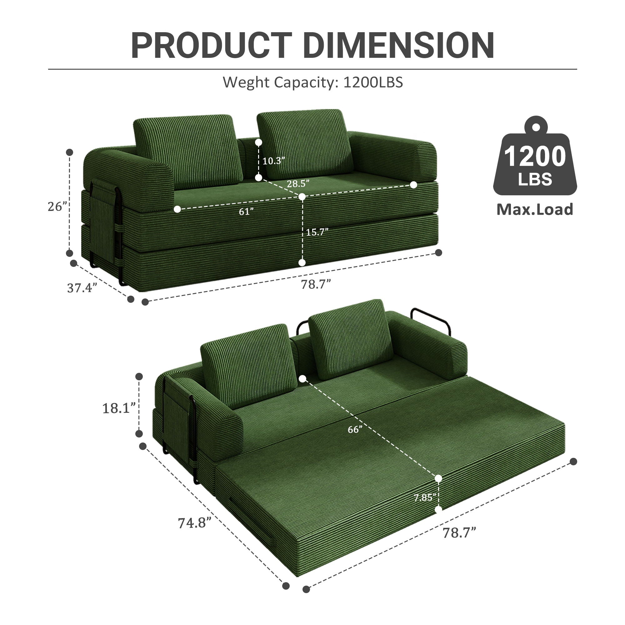 Convertible Sleeper Sofa Bed With Cylindrical Pillow