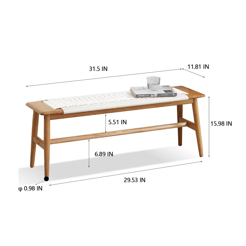Design Natural Oak Wood Dining Bench with Handwoven Cane Seat in White