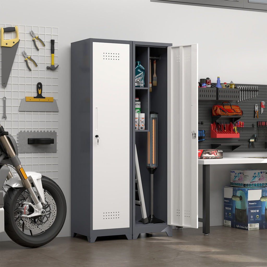 Broom Storage Cabinet Narrow Slim With Hooks And Shelves, Heavy-Duty
