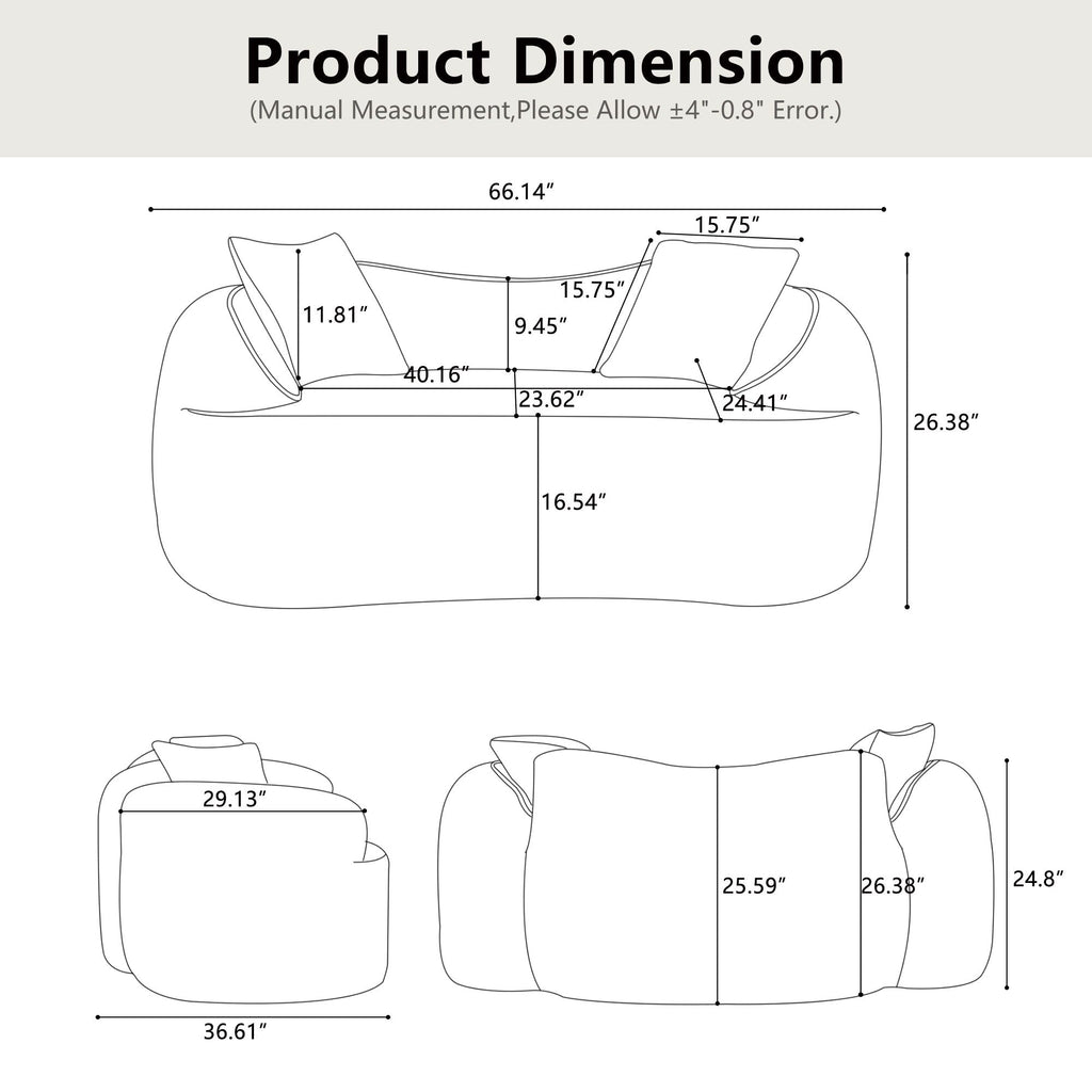 Curved 2 Person Compress Sofa With Armrests, Includes Pillows