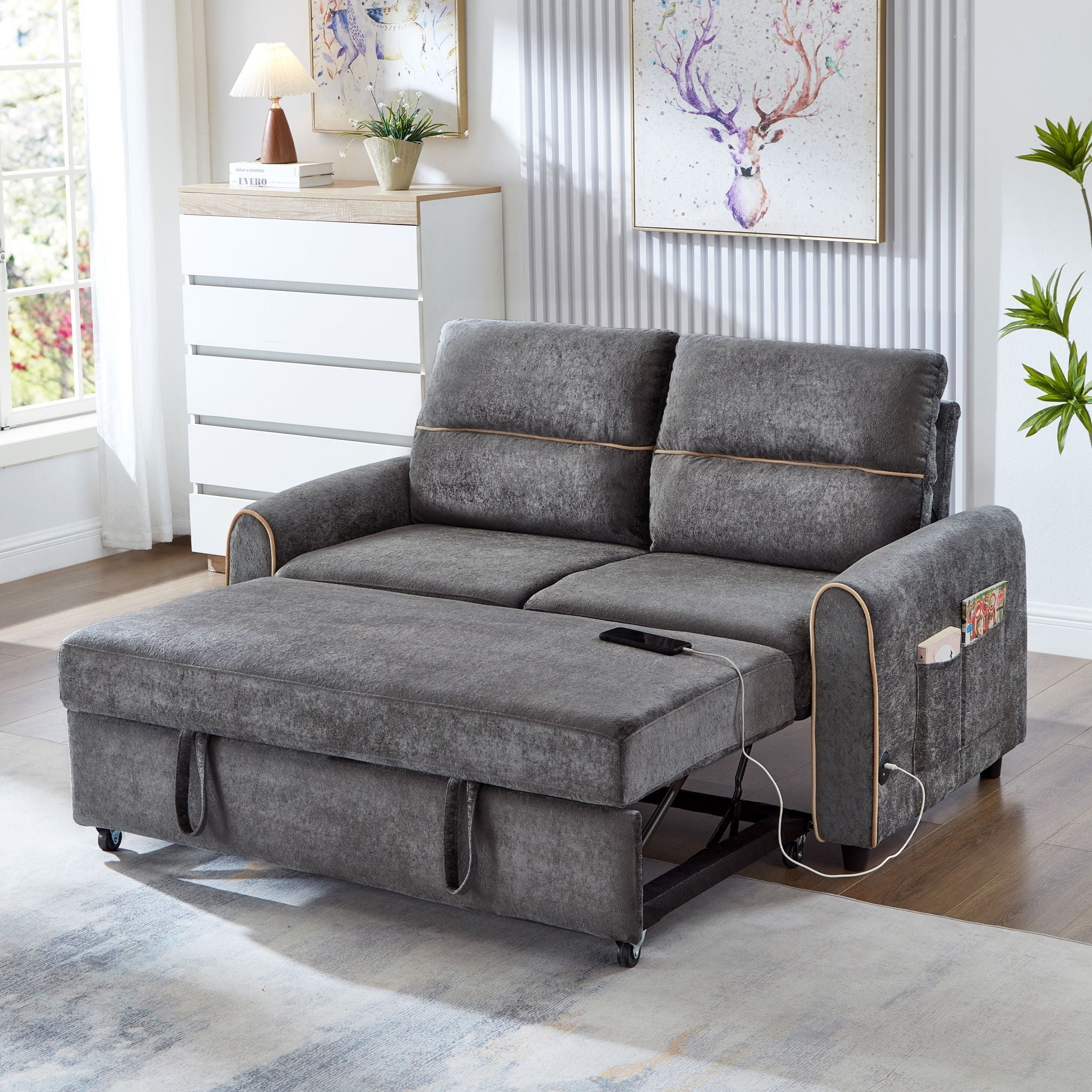 Pull Out Sofa Bed With Adjustable Backrest And USB Charging Ports
