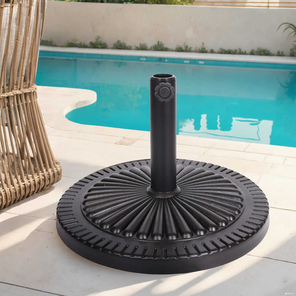 Black Rock Resin Outdoor Umbrella Base with Steel Support in Black Finish
