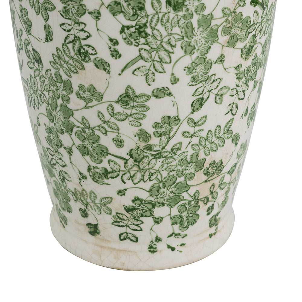 7.7x7.7x14.6' White Ceramic Flower Vase with Green Floral Pattern