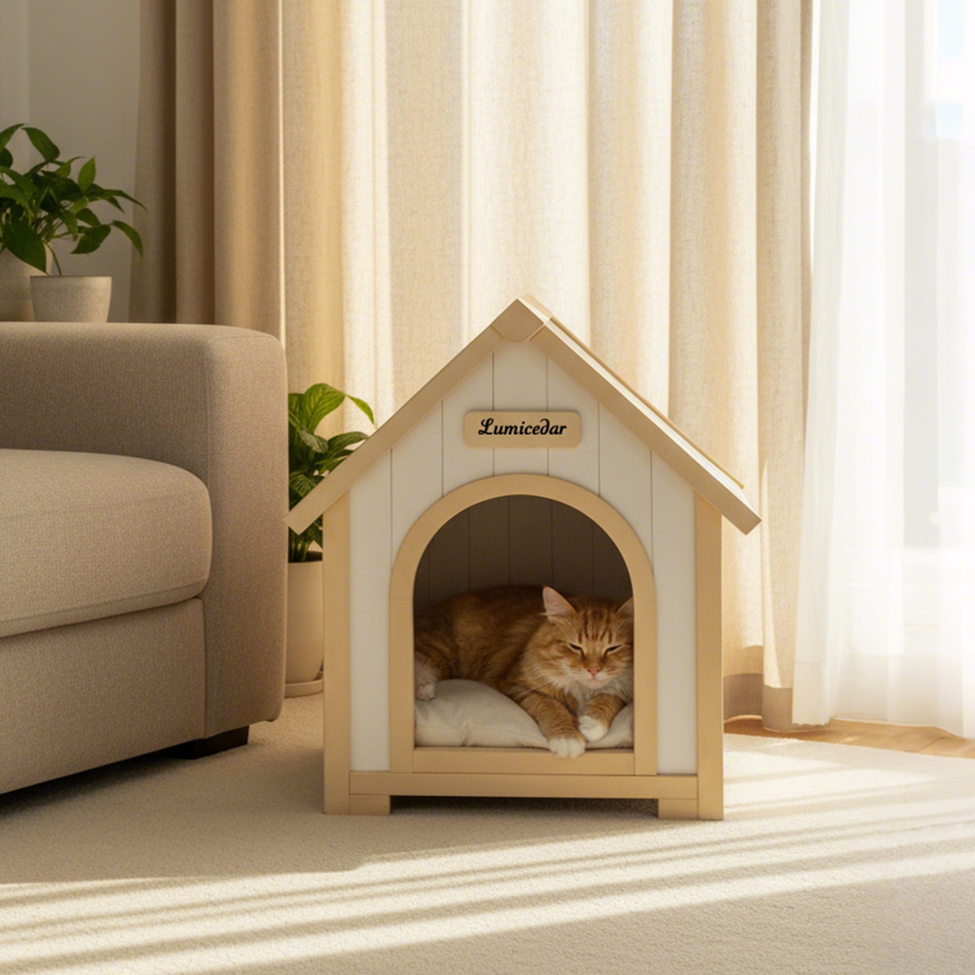 Indoor Dog House With Cushion Pet House For Small Dogs & Cats - Creamy White / Light Yellow
