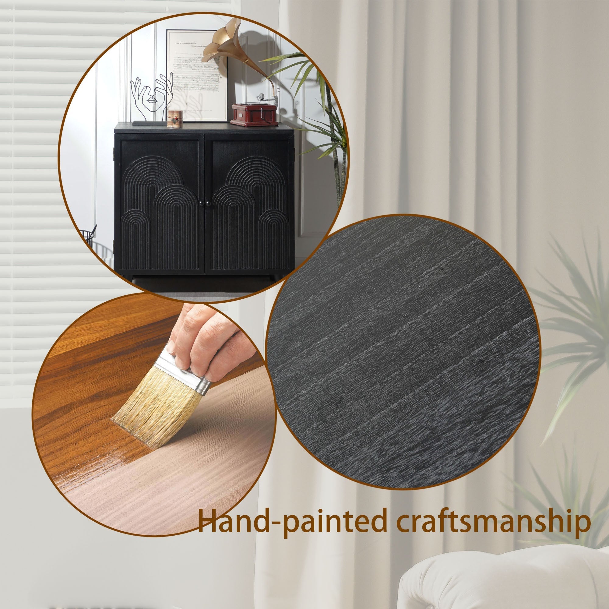 Modern Black Wood Storage Cabinet with Embossed Door
