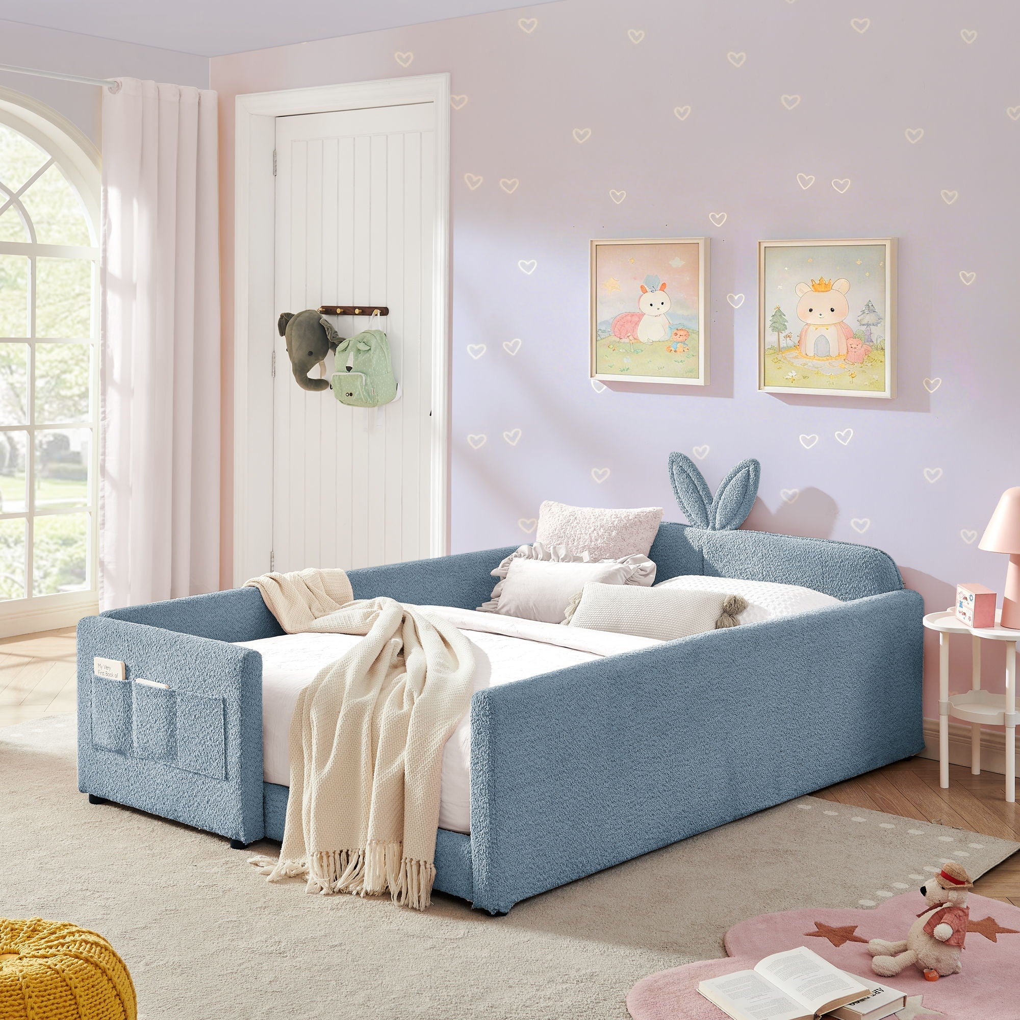 Cute Rabbit Ear Upholstered Platform Bed Frame With Safety Rail