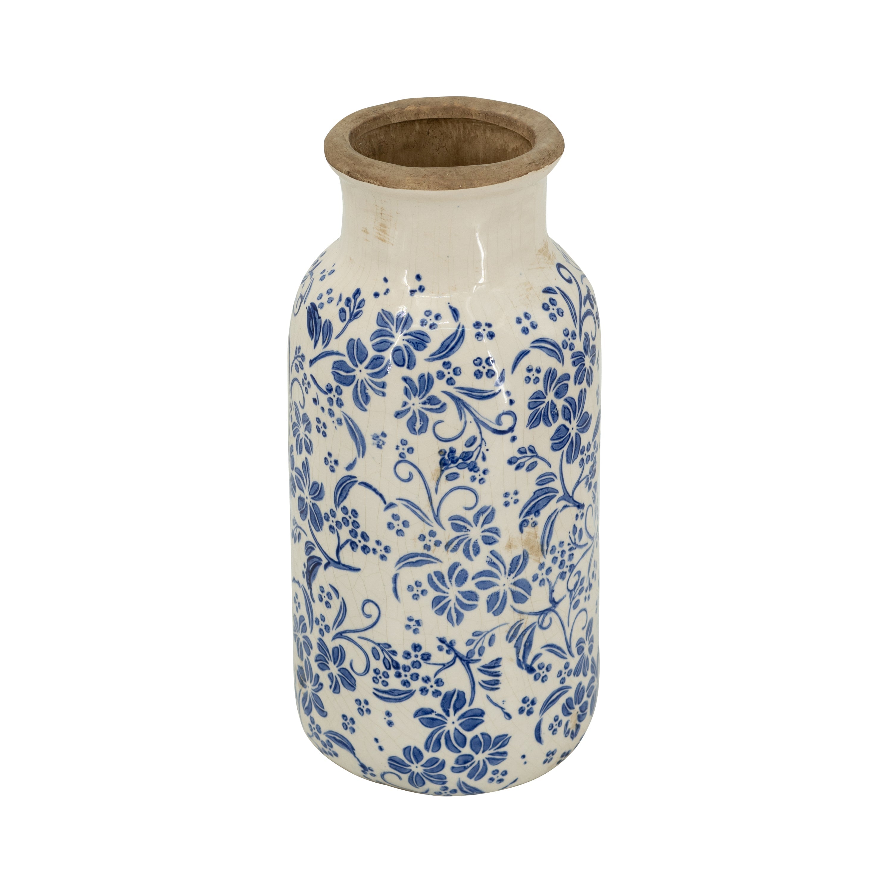 D5.7x12.5' Blue and White Ceramic Accent Vase with Traditional Floral Motifs