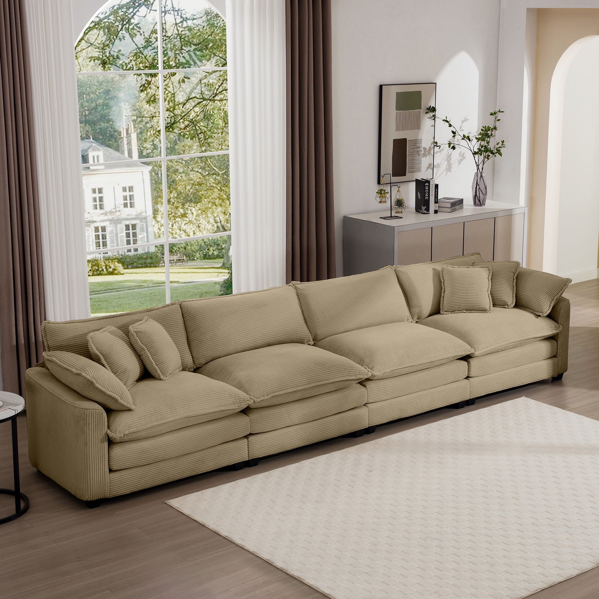 Modern Upholstered 4 Seater Fabric Sofa With Arm And Throw Pillows