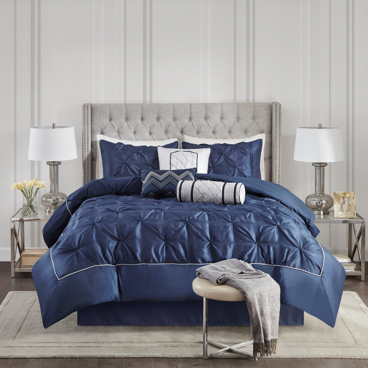 7 Piece Tufted Comforter Set Navy California King