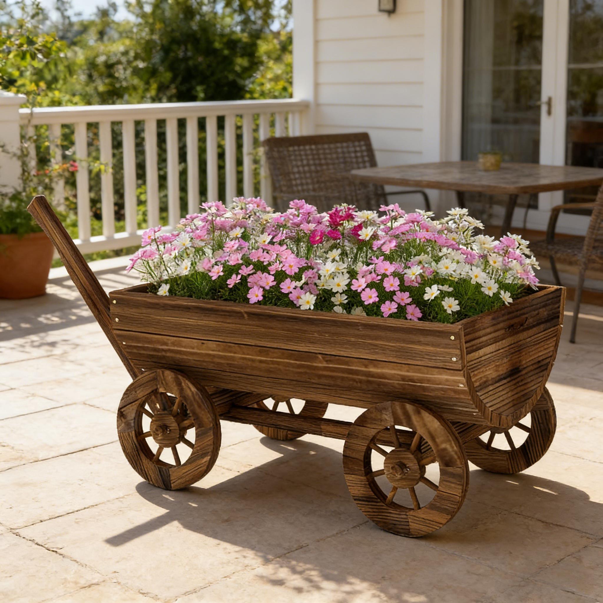 Small Wheelbarrow Wagon Flower Cart Wooden Mobile Garden Planter