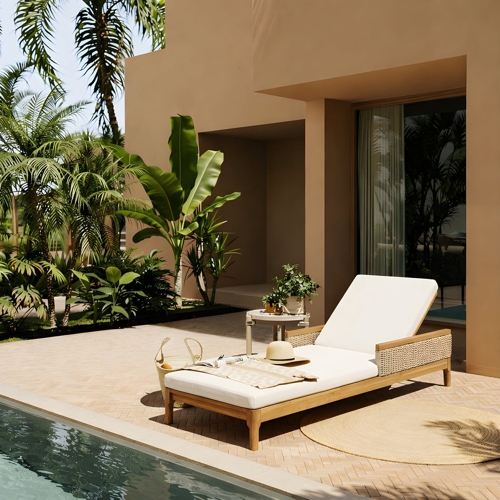 Solid Acacia Wood Sun Lounger with Beige Cushions and Light Grey Wicker