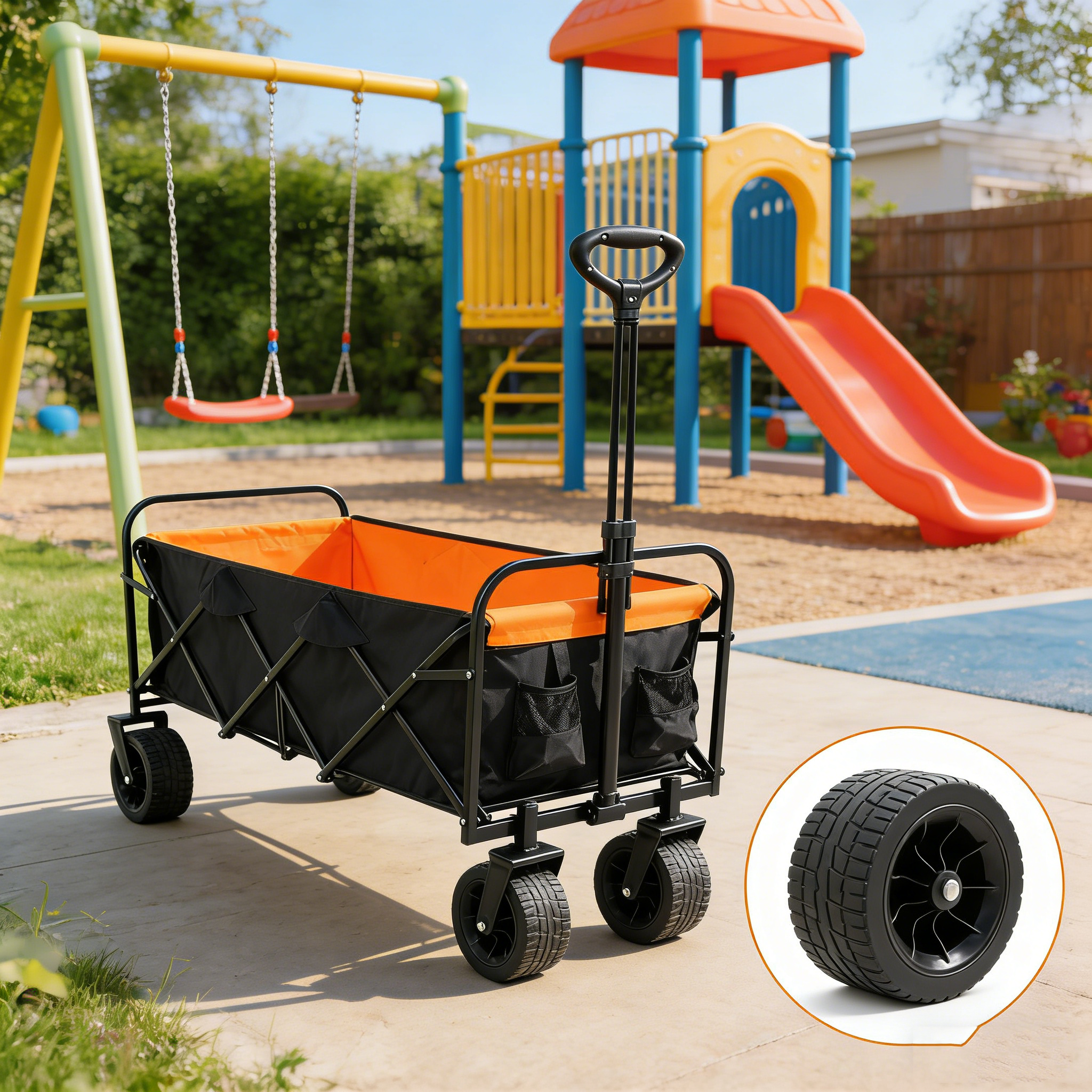 Big Large Capacity Folding Wagon Cart with Extender (Black + Orange)