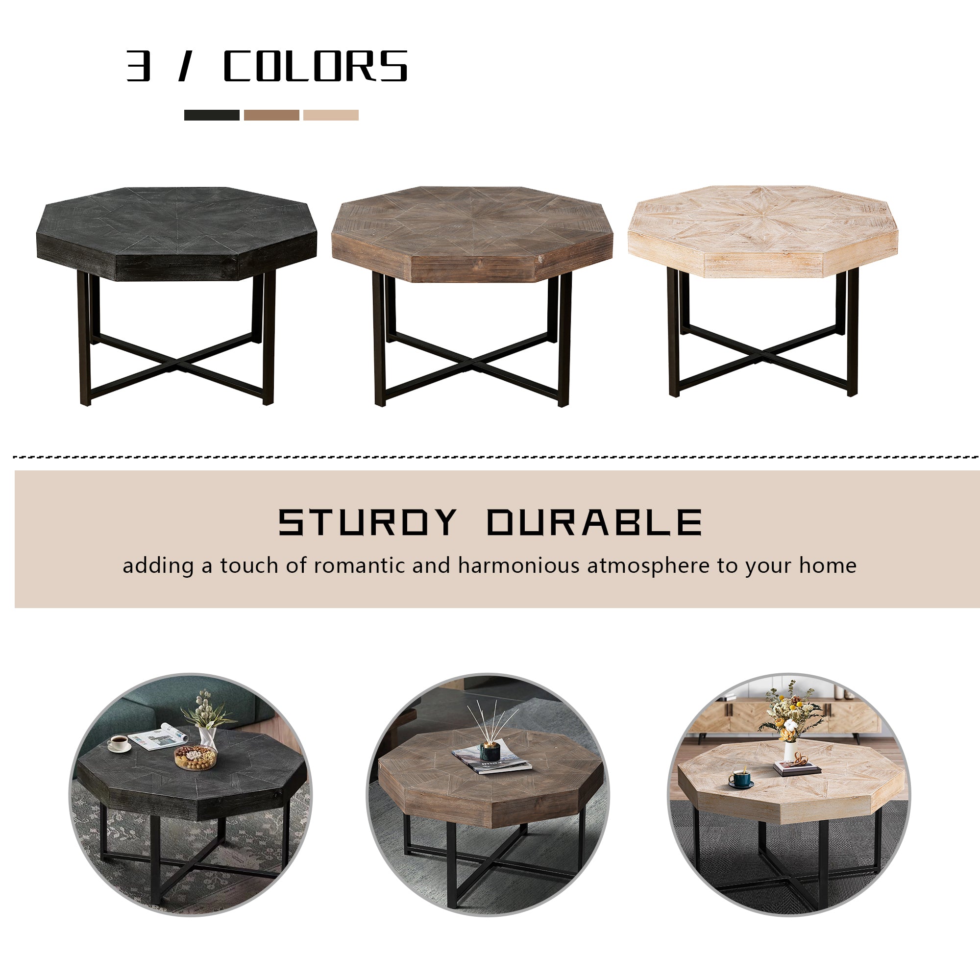 Wood Octagonal Vintage Patchwork Coffee Table