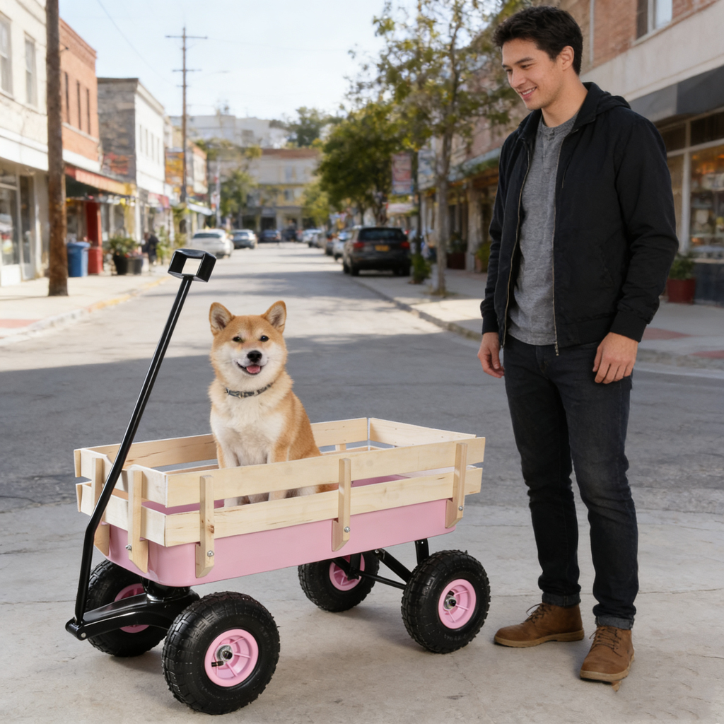 Outdoor All Terrain Garden Wagon with Wooden Railings and Pneumatic Tires