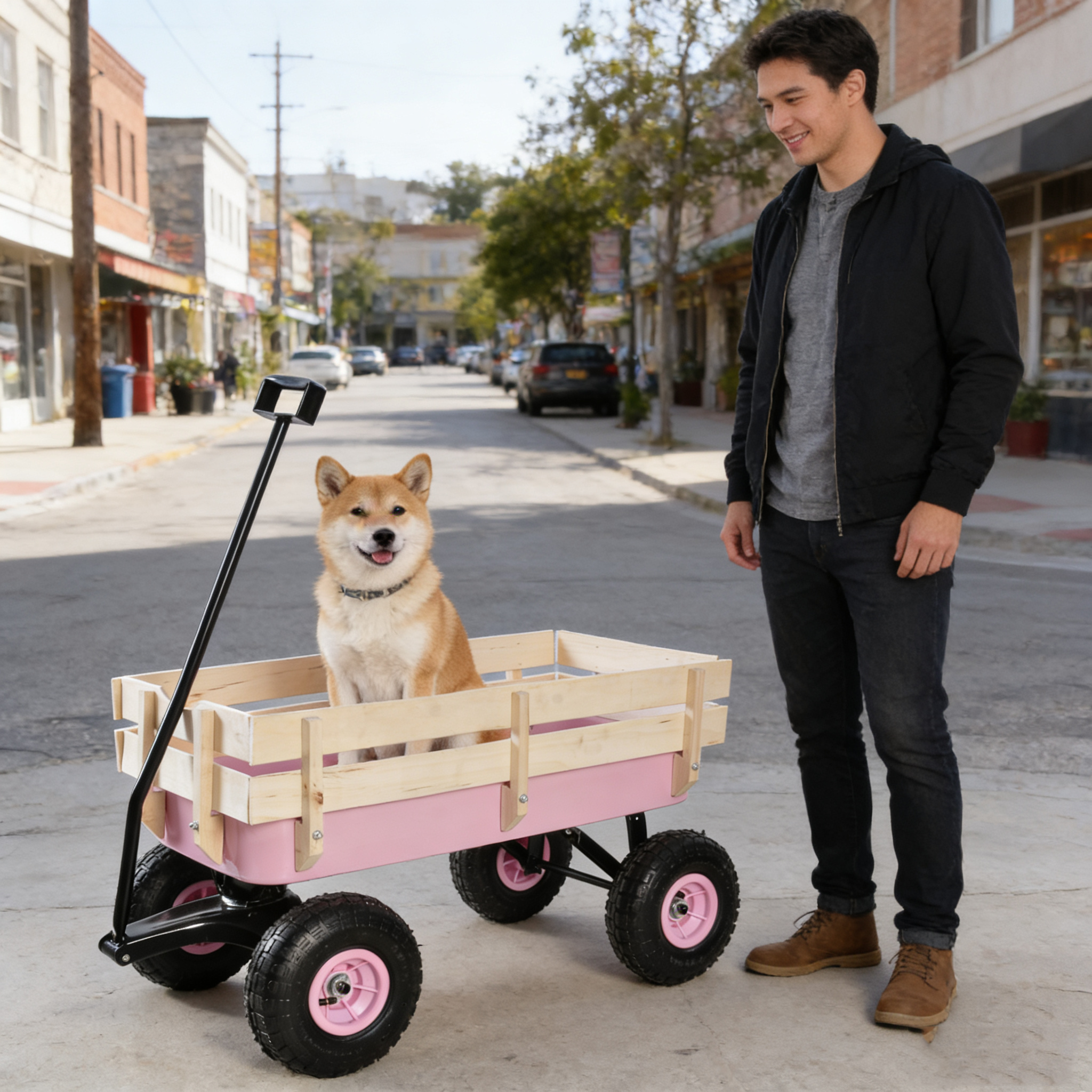 Outdoor All Terrain Garden Wagon with Wooden Railings and Pneumatic Tires