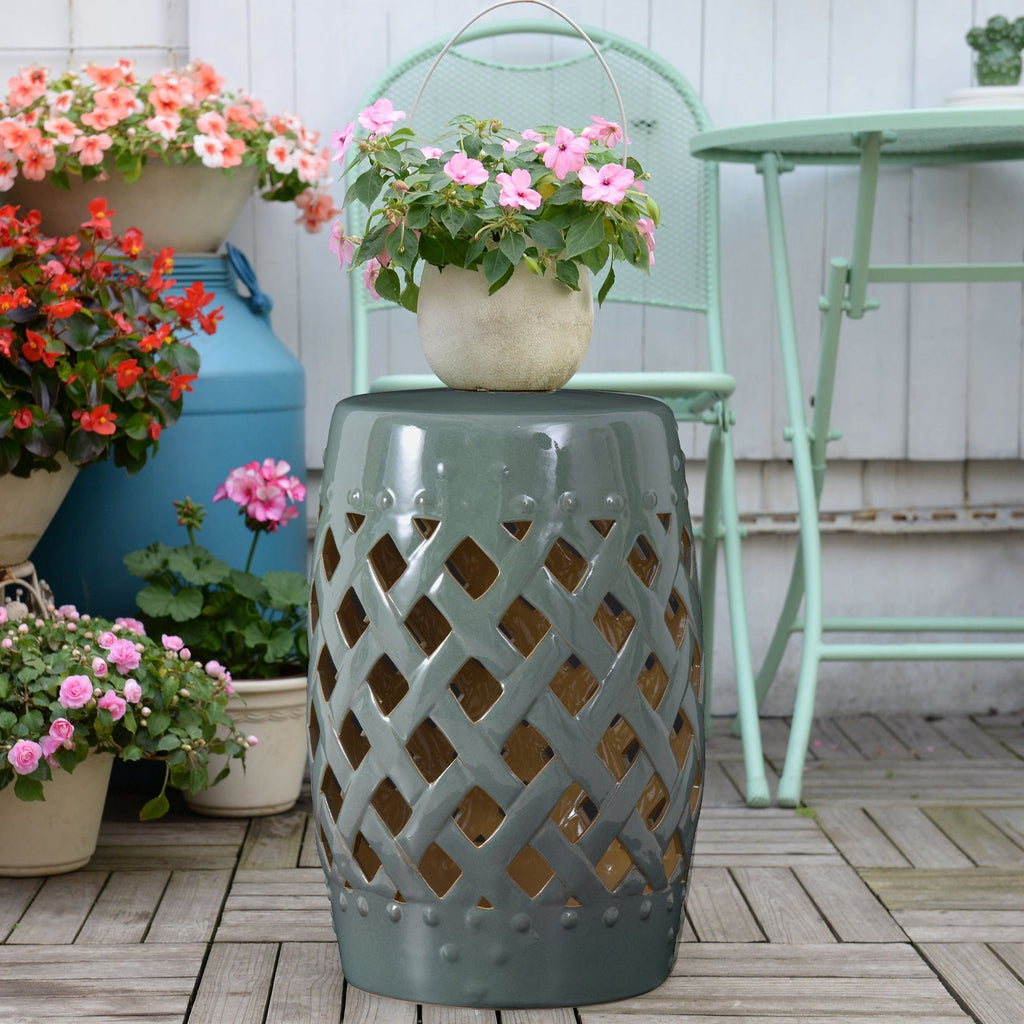 Outsunny 13' x 18' Ceramic Garden Stool with Woven Lattice Design & Glazed Finish