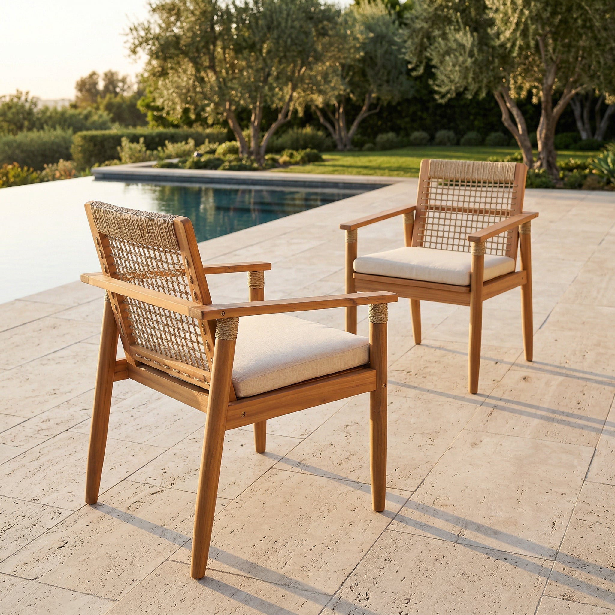 Outdoor Dining Chairs Set of 2 with Acacia Wood and Rope Design