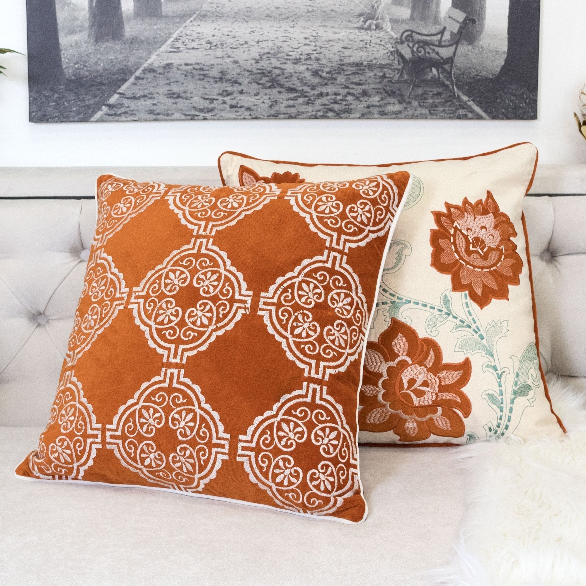 Burnt Orange Damask Embroidered Throw Pillow