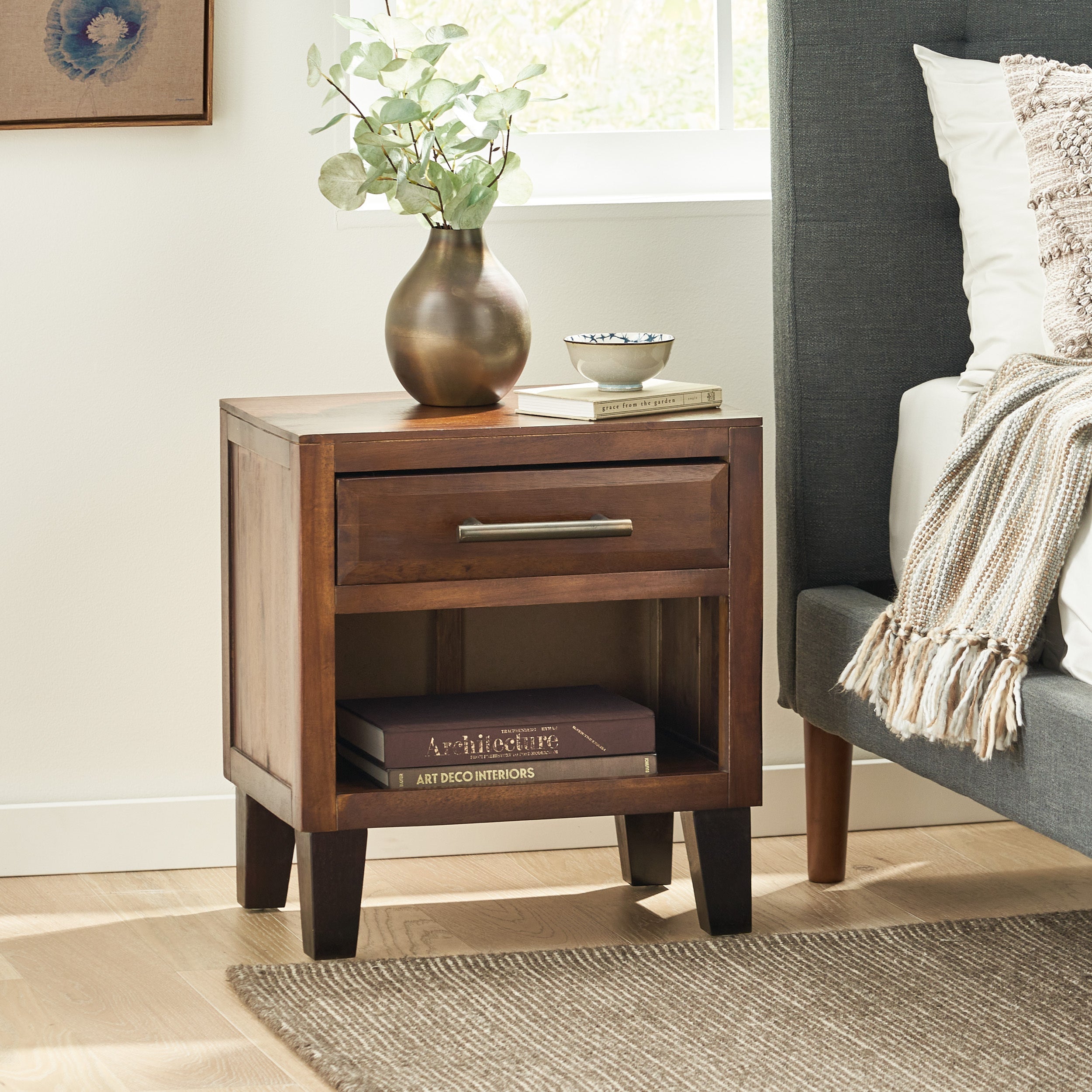 End Table in Brown Acacia Wood with Storage Drawer and Shelf