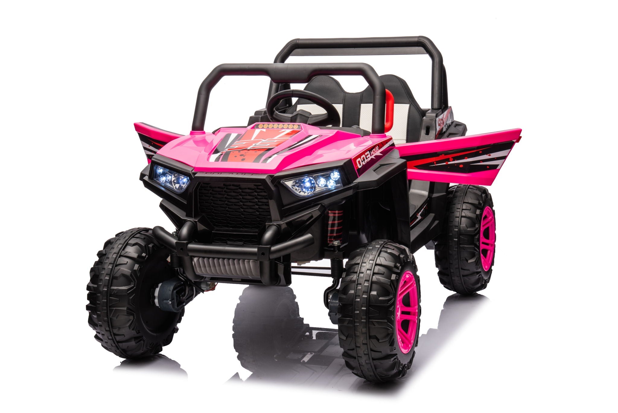 12V7A*1 30W*4 Four-Wheel Drive Seat One Button Start, Forward And Backward, High And Low Speed, Music, Front Light, Power Display, Two Doors Can Open, 2.4G R / C, Seat Belt Four Wheel Absorber