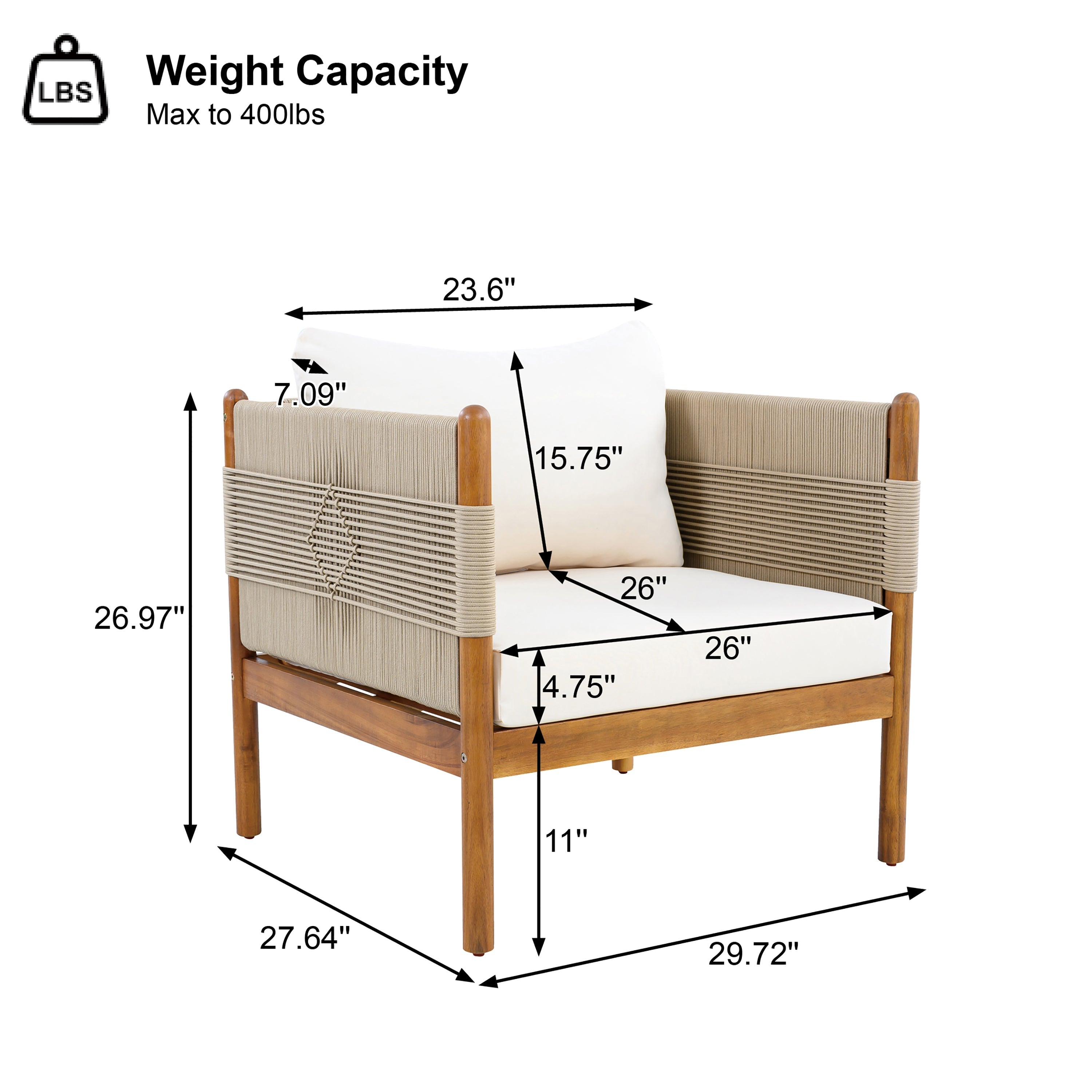 Outdoor Club Chairs (Set of 2) with Diamond-Pattern Beige Rope, Teak Finish