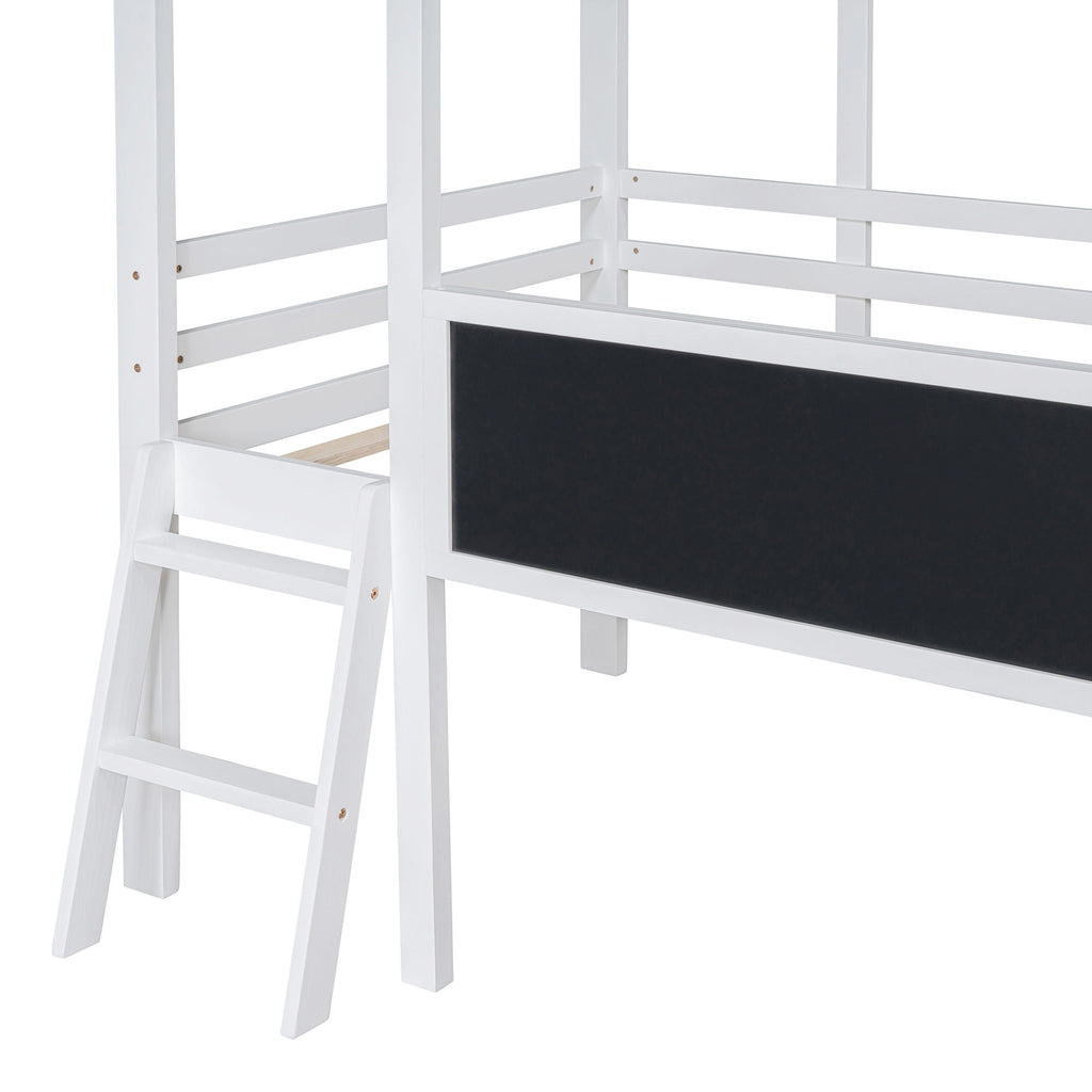 Loft House Bed With Ladder And Slide, With board And Light Strip On The Roof