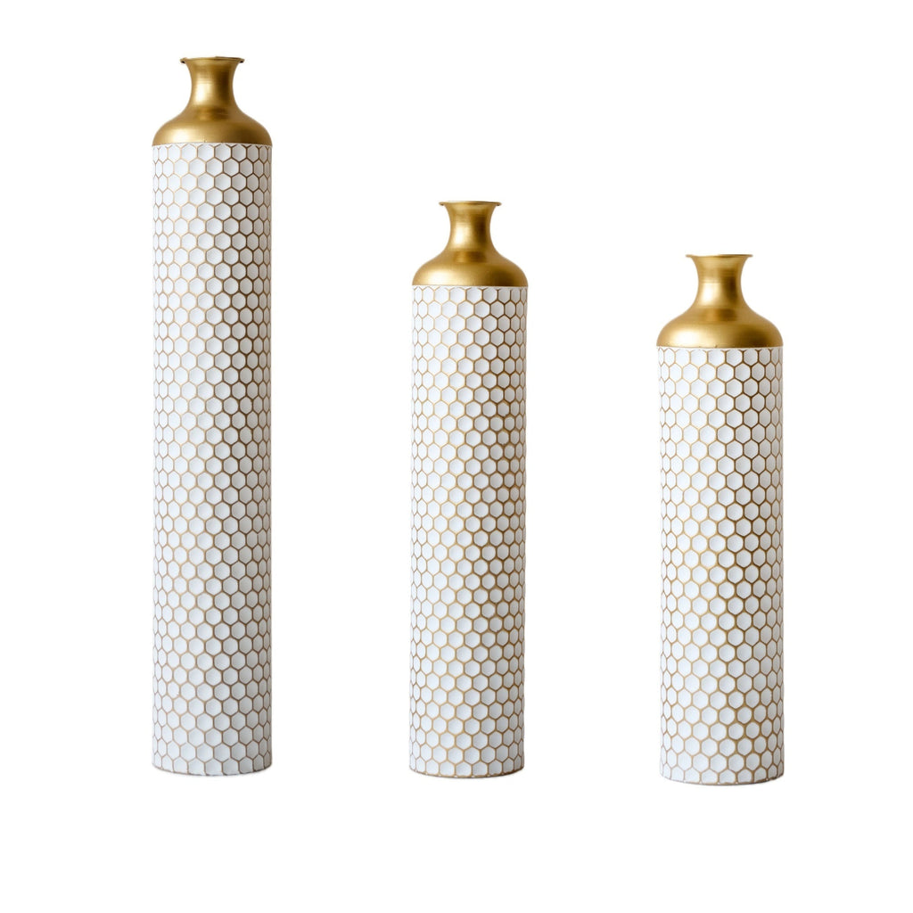 3-Piece Modern Metal Vase Set - White & Gold