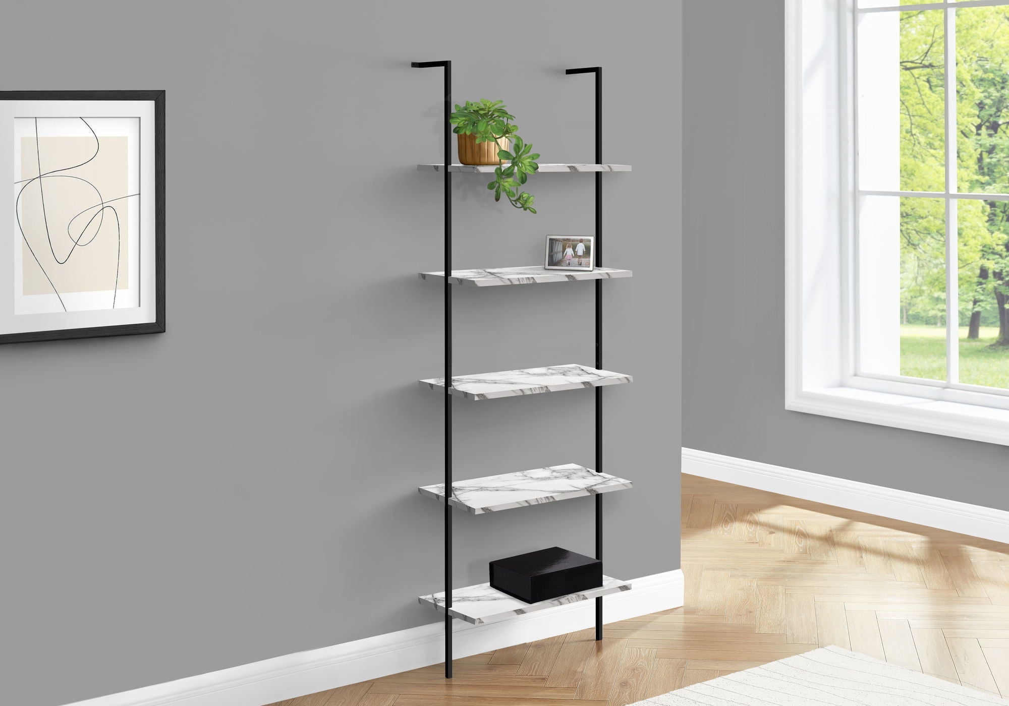 5-Tier Ladder Bookshelf with Marble Look for Office & Home