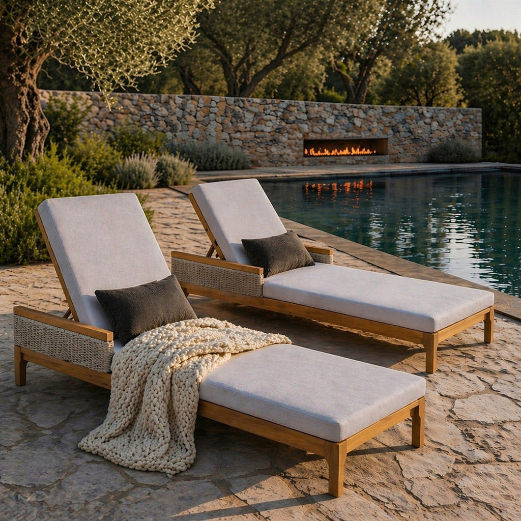 76.8" Solid Acacia Wood Sun Lounger Set of 2 with Grey Cushions