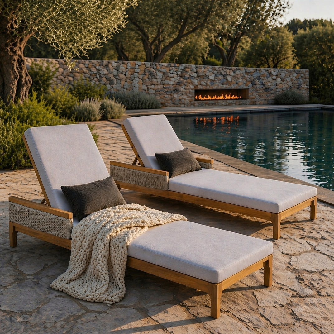 76.8" Solid Acacia Wood Sun Lounger Set of 2 with Grey Cushions