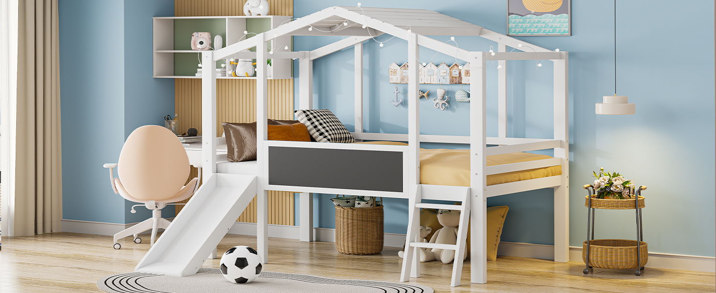 Loft House Bed With Ladder And Slide, With board And Light Strip On The Roof