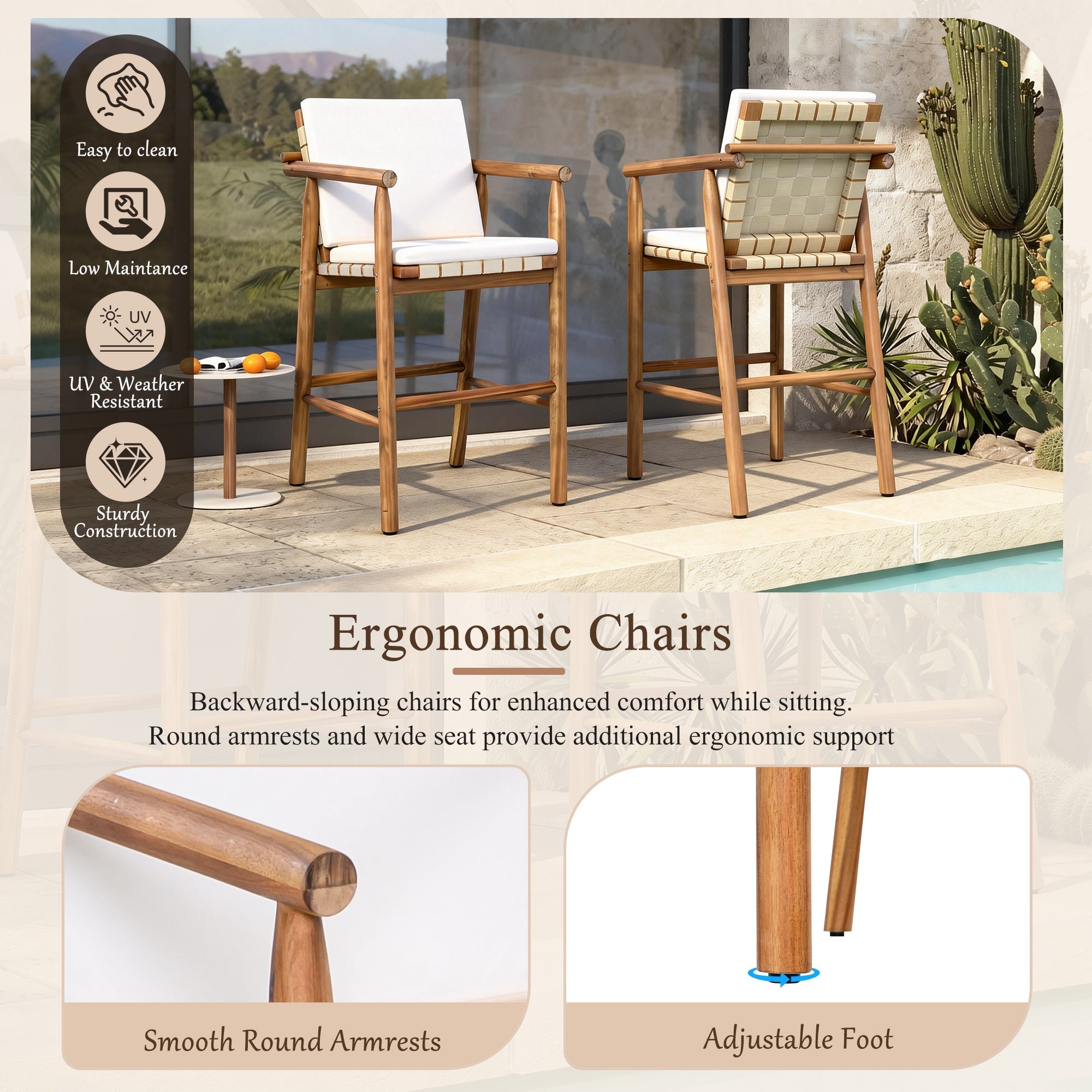 Outdoor Counter Height Bar Stools Set of 2 with Cushions