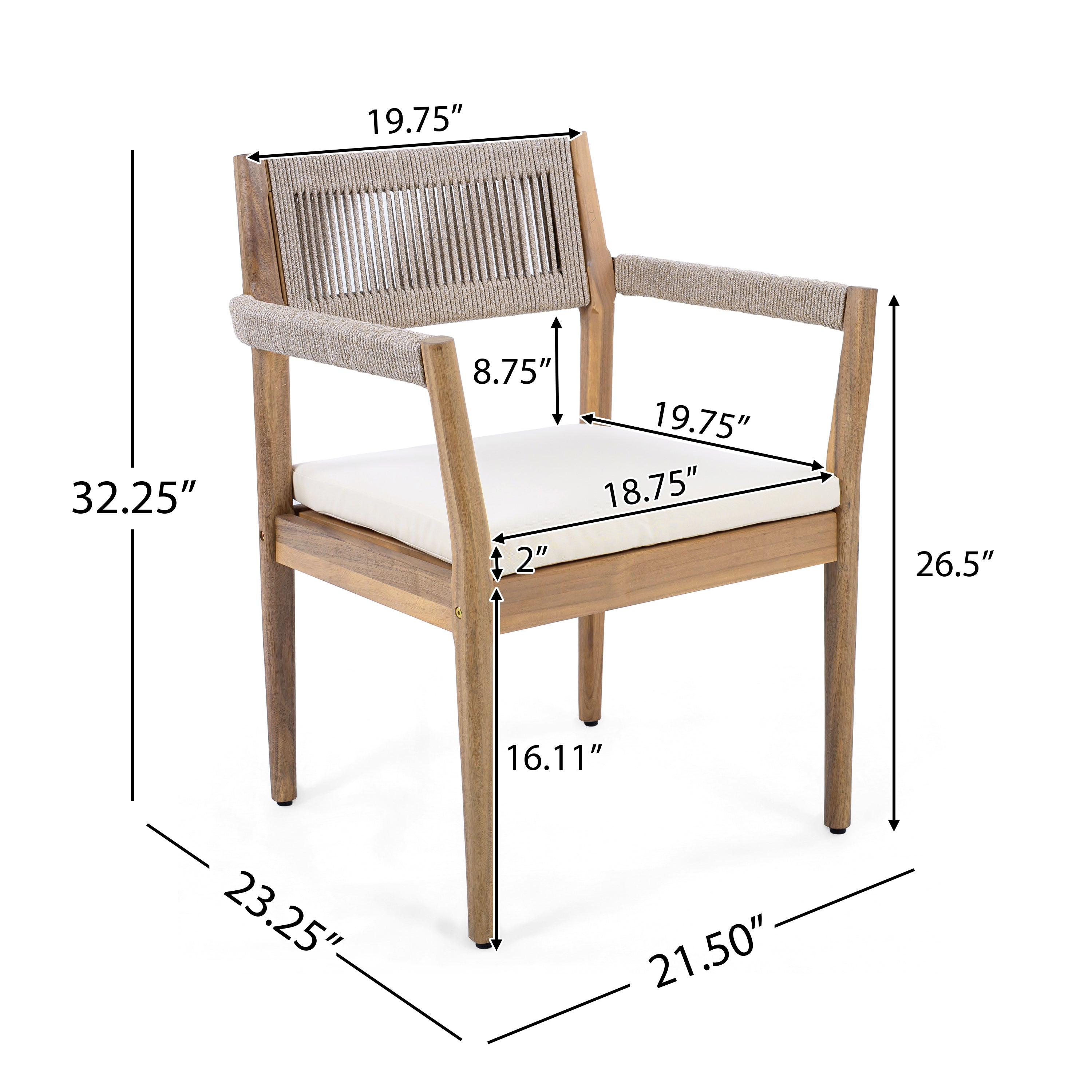 Braided Acacia Wood Outdoor Dining Chairs Set of 4 – Teak Look with Beige Rope & Cream Cushions