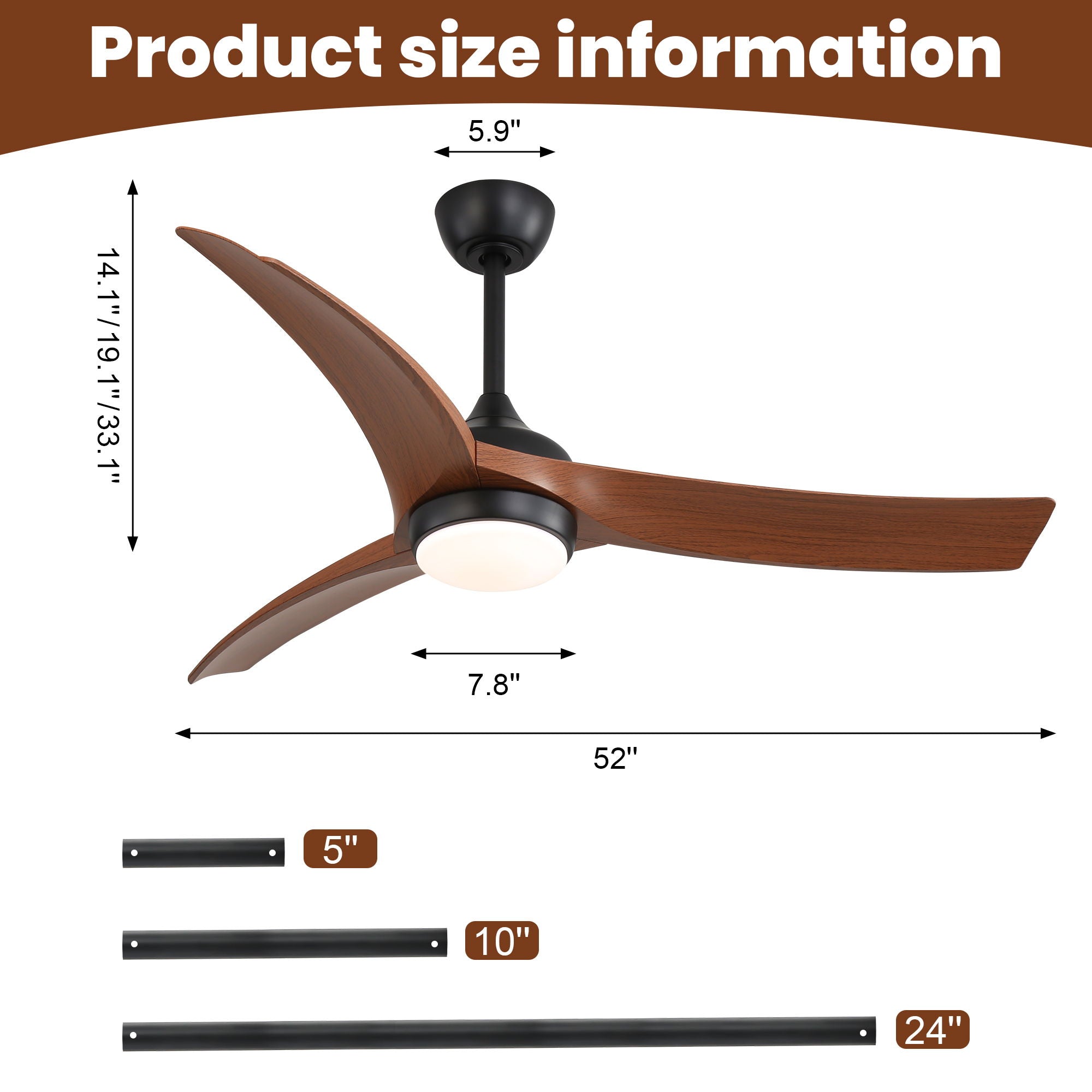 Ceiling Fan With 3 Blades, Remote Control, Reversible DC Motor, Dimmable Light, And Timer - Black