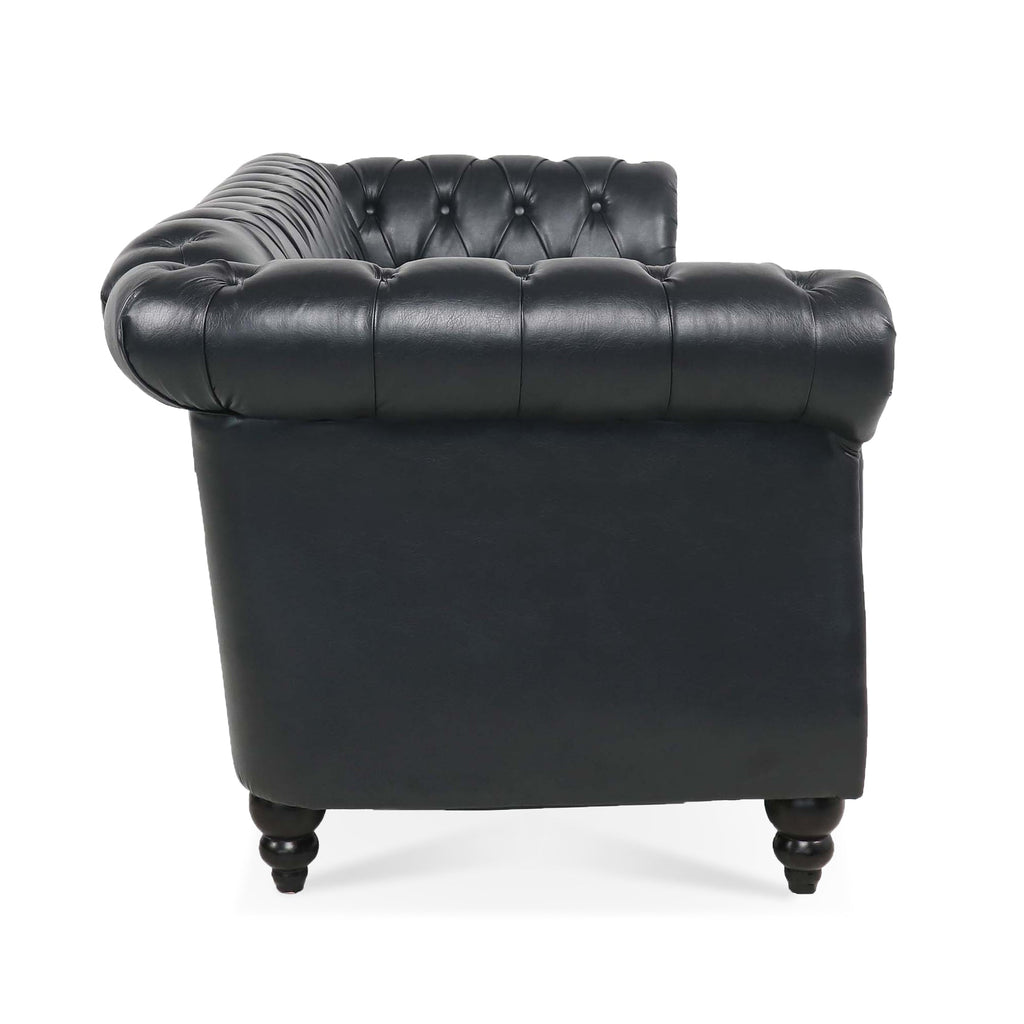84.65" Black PU Rolled Arm Chesterfield Three Seater Sofa