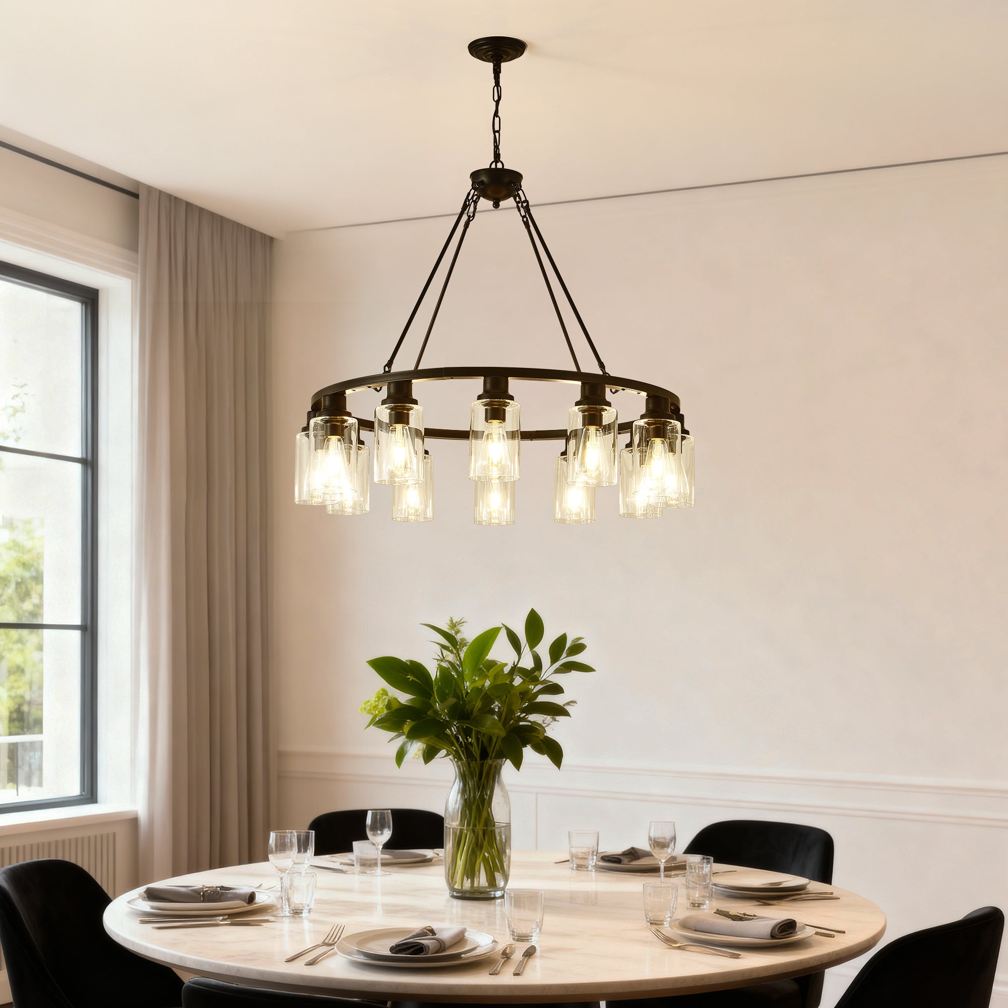Black Wagon Wheel Chandelier 31.5 Inch Modern Farmhouse Pendant Light