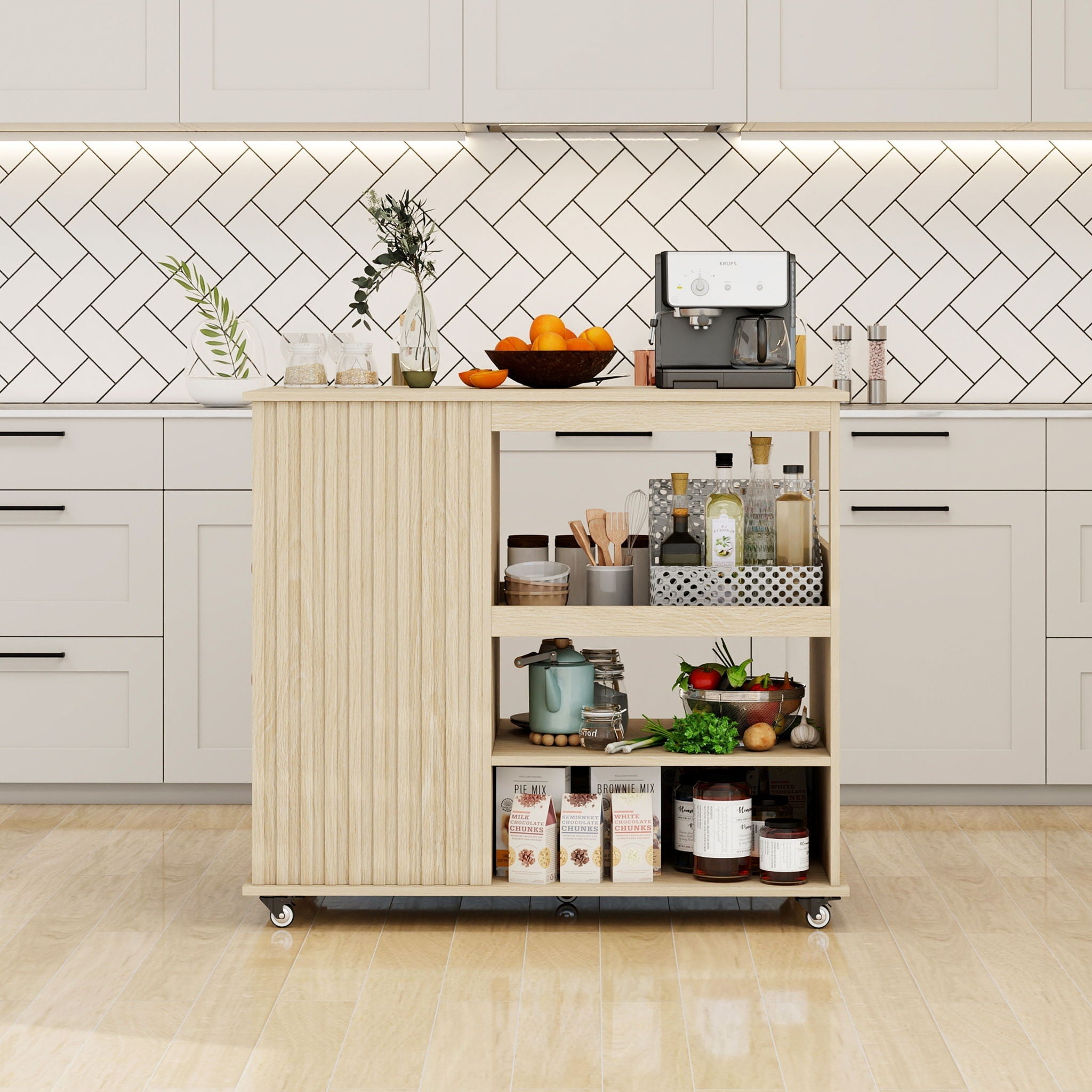 Kitchen Island Cart, Rolling Serving Utility Trolley Cart Modern Kitchen Island With Storage Drawer Wine Rack Lockable Casters, Kitchen Cart For Kitchen, Dining Room, Bar Living Room - Natural