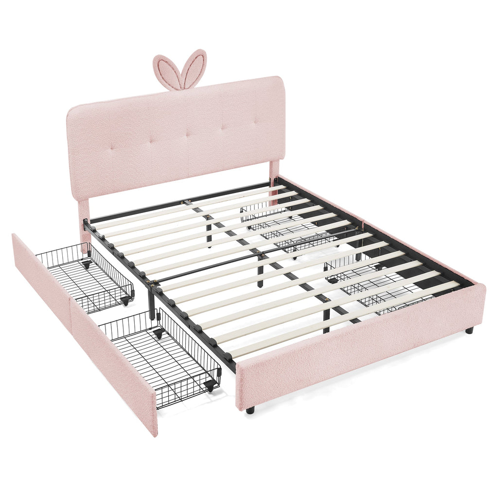 Queen Size Kids Upholstered Bed with Rabbit Ear Headboard & Storage