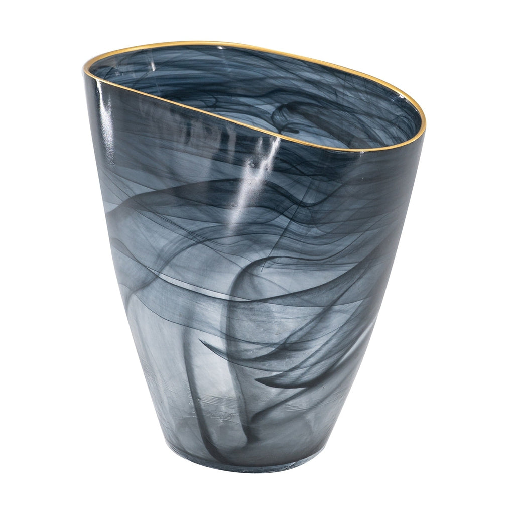 9.3x4.7x9.3' Smokey Black Glass Vase with Gold Rim