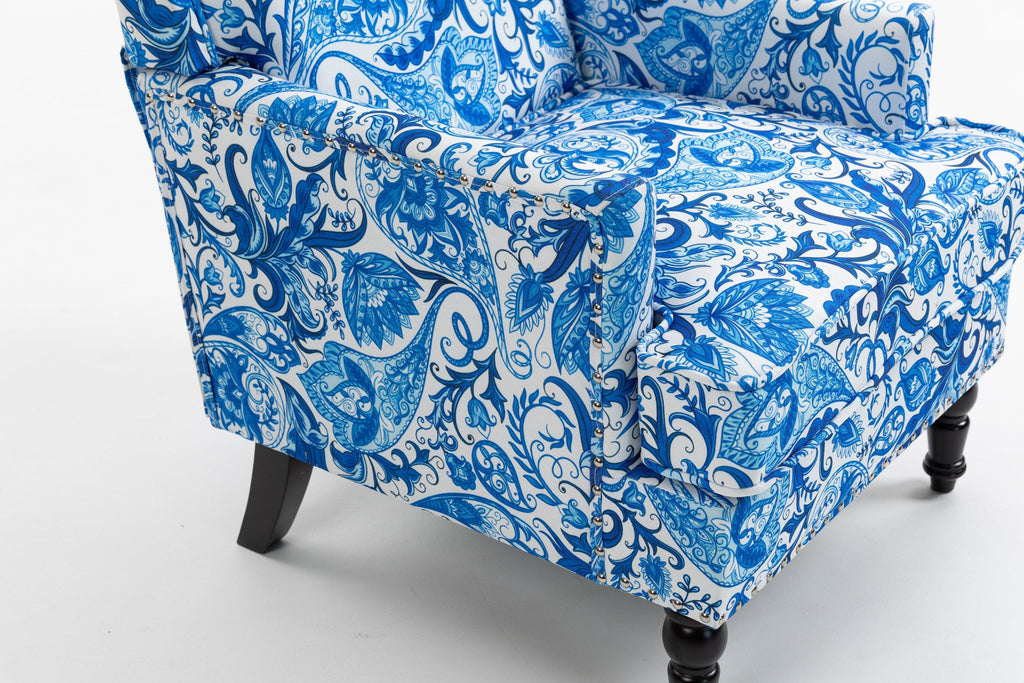 Upholstered Accent Chair with Blue and White Porcelain Print Linen Fabric