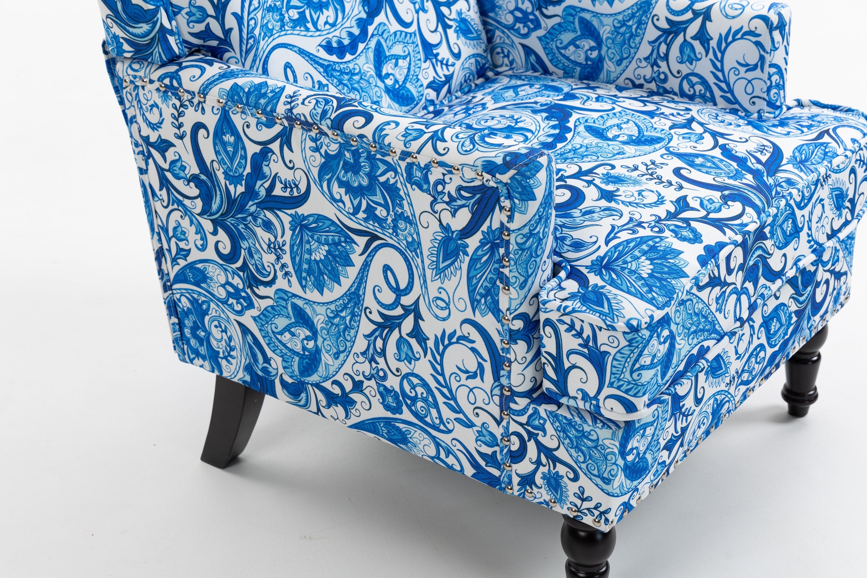 Upholstered Accent Chair with Blue and White Porcelain Print Linen Fabric