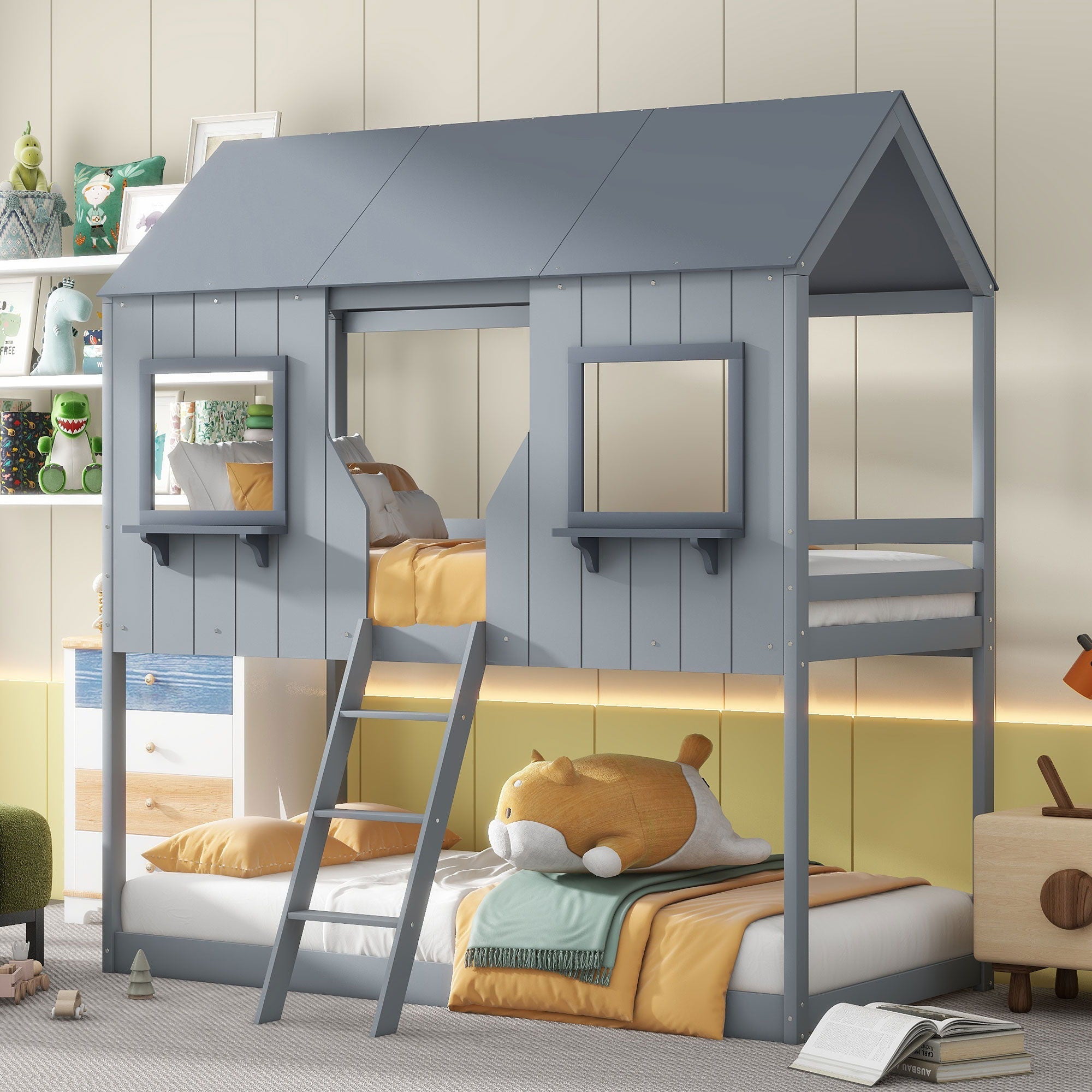 Twin Over Twin Bunk Bed With Roof, Window, Guardrail, Ladder