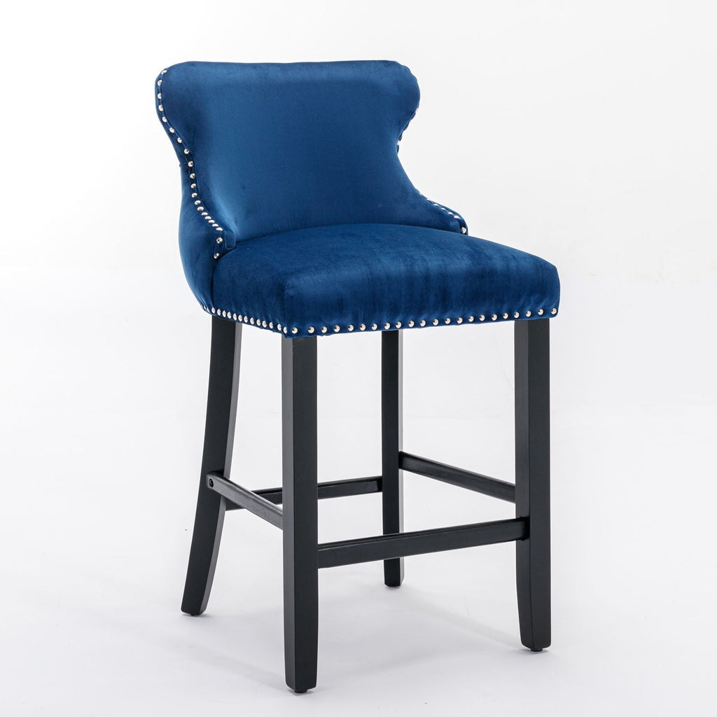 Contemporary Upholstered Wing-Back Barstools With Button Tufted Decoration And Wooden Legs, And Nailhead Trim, Leisure Style Bar Chairs, Bar Stools (Set of 2)