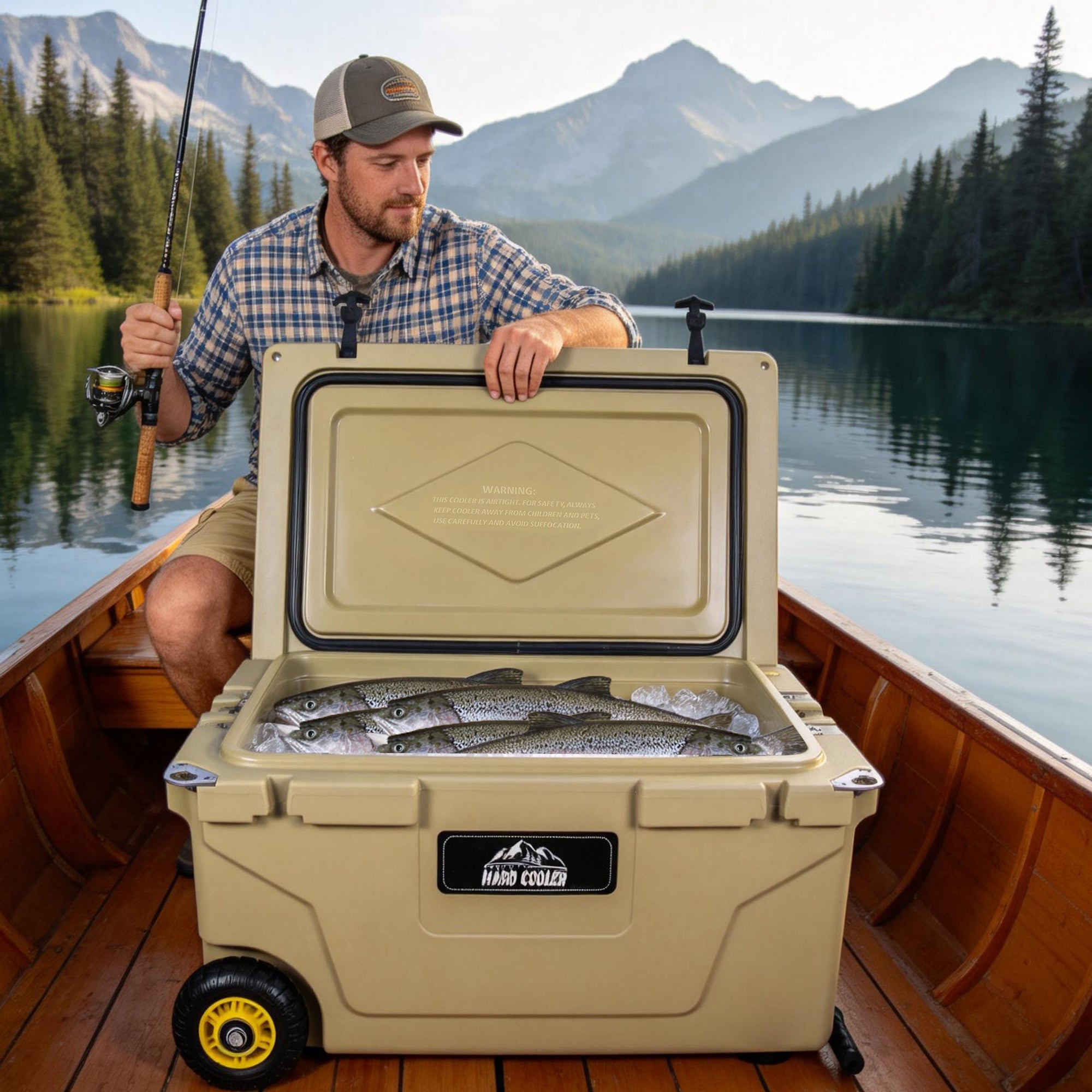 65 Quart Khaki Cooler, Ultra-Tough Hard Shell Ice Chest