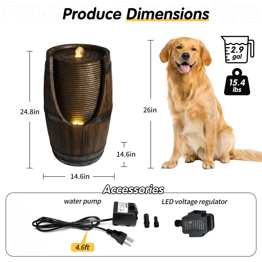 Outdoor Barrel Water Fountain with Rustic Wood Look Resin