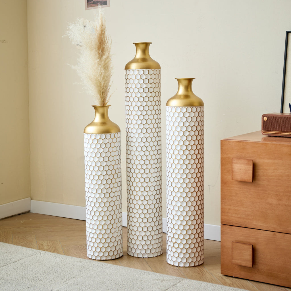 3-Piece Modern Metal Vase Set - White & Gold
