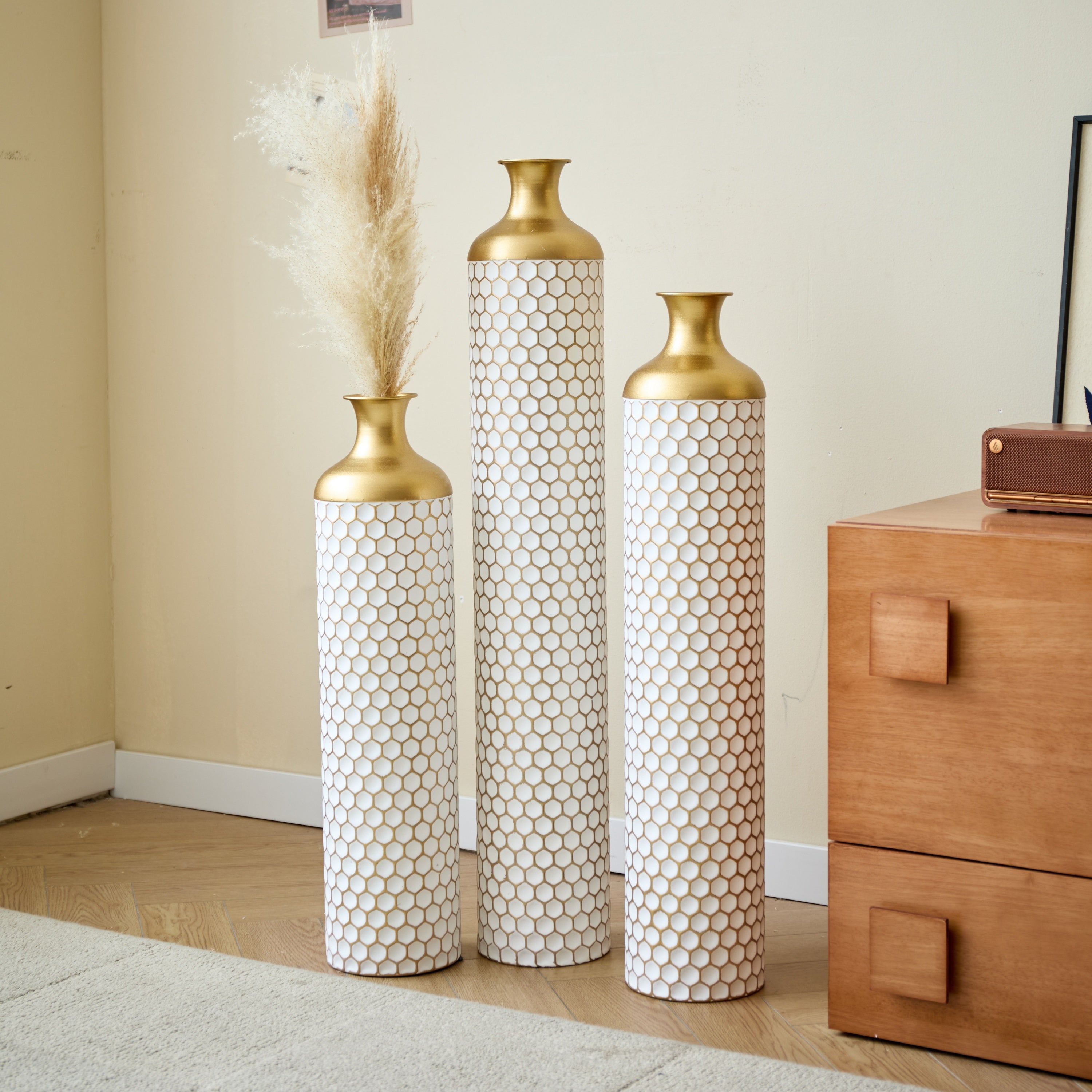 3-Piece Modern Metal Vase Set - White & Gold