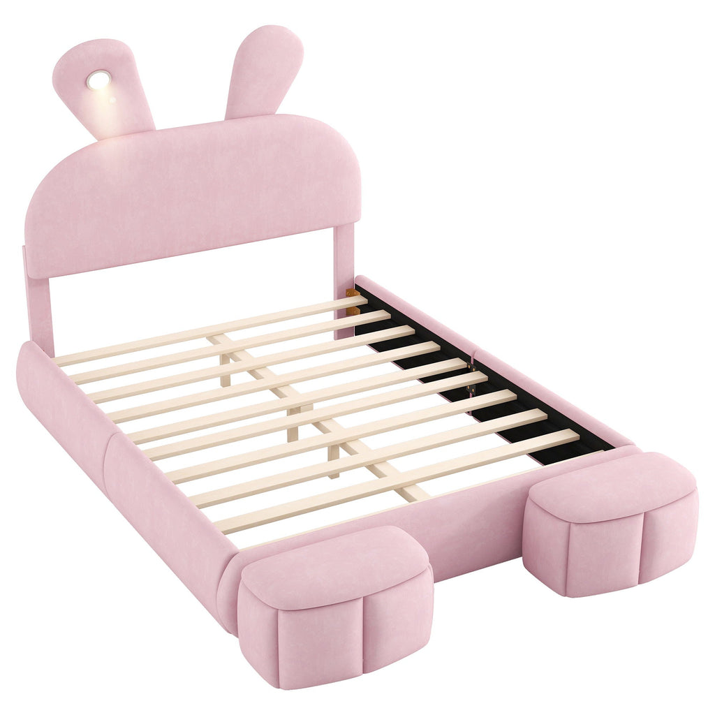 Full Upholstered Platform Bed With Cartoon Ears Headboard And LED Light - Pink