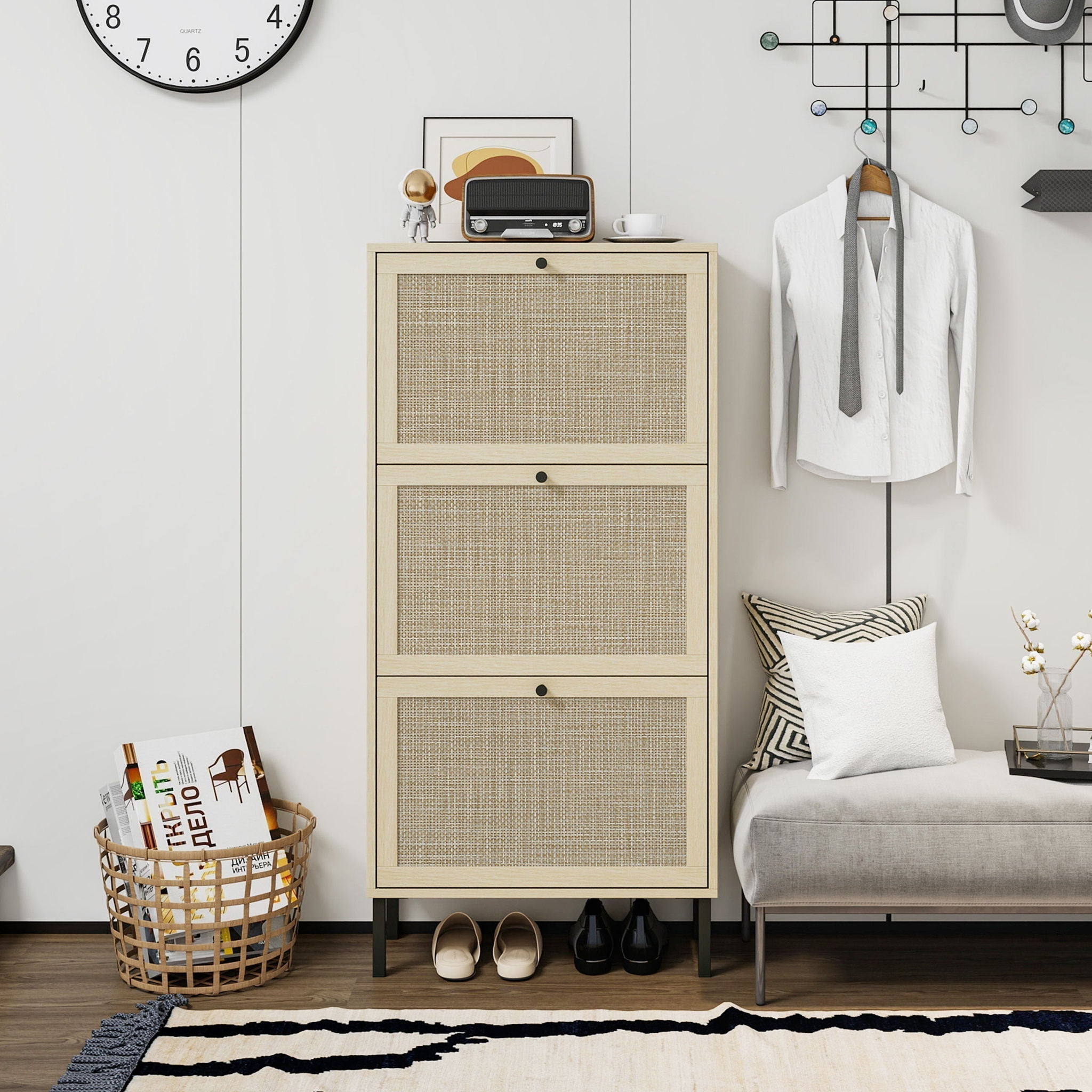 Modern Rattan 3 Door Shoe Rack Cabinet for Entryway